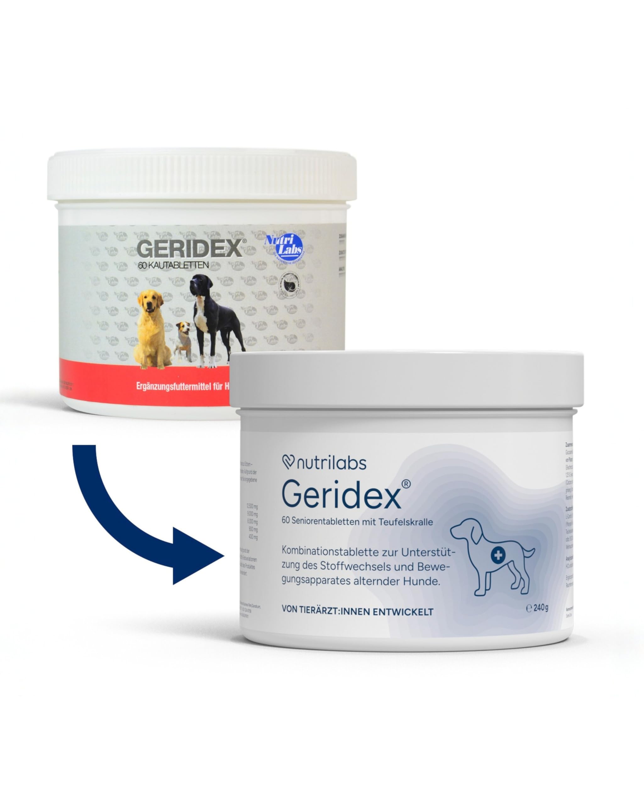 NutriLabs Geridex® Tabletten für Senioren-Hunde 60 STK. - Seniorentabletten für Hunde mit Glucosamin, Weißdorn u.v.m. - Hunde-Nahrungsergänzung - Teufelskralle-Tabletten - MSM-Hund
