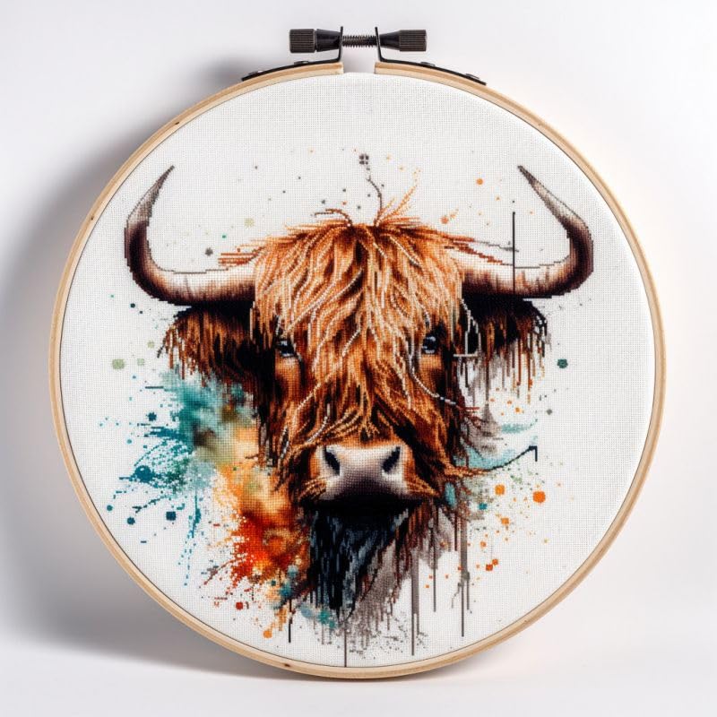 Highland Cow with Hoop 11ct Counted Cross Stitch Stamped Pre Printed Cross Stitch Embroidery Kits for Adults Starter DIY Embroidery Needlework Kit with Patterns 40×40cm(s-q100)
