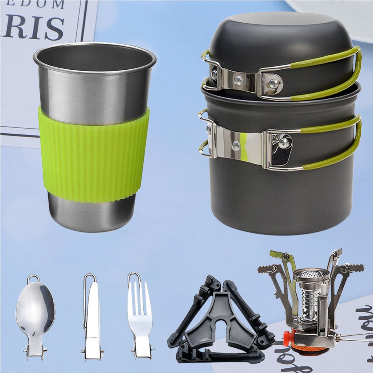 Juego de Ollas Portátiles para Acampar, Aleación de Aluminio Verde
