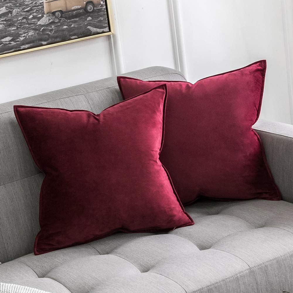 MIULEE 2er Set Samt Kissenbezug Flansch Kissenhülle Dekorative Sofakissen Dekokissen Umwickelte Kante Kissenbezüge Zierkissenbezug für Sofa Wohnzimmer Schlafzimmer 50x50 cm Wein Rot