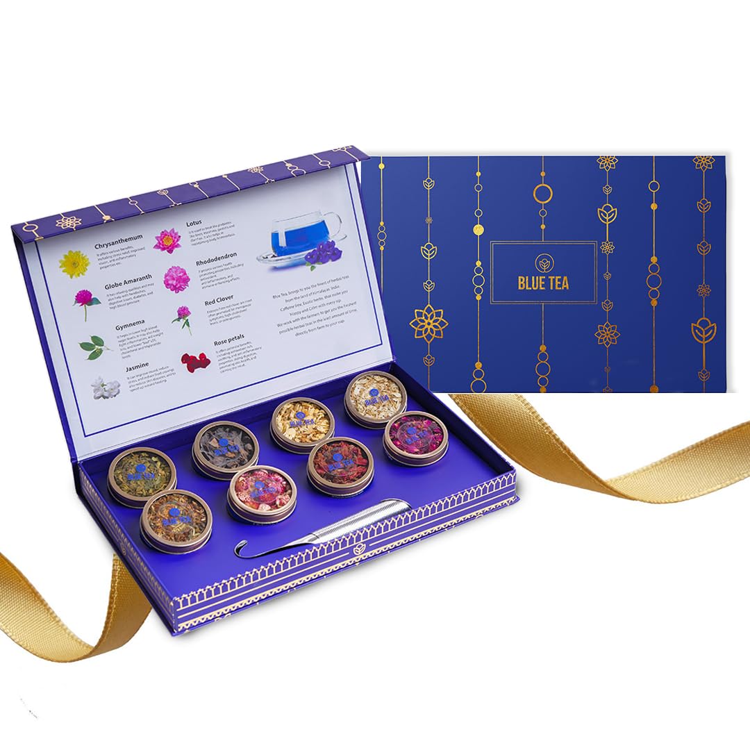 BLUE TEA - Flower Assortment Tea Gift | 8 Flower Tea + 1 Infuser | LUXURY GIFTING DELIGHT | Flower-Based | Non -Bitter - Caffeine Free - Gluten Free - Vegan - Non - GMO | Gift Box