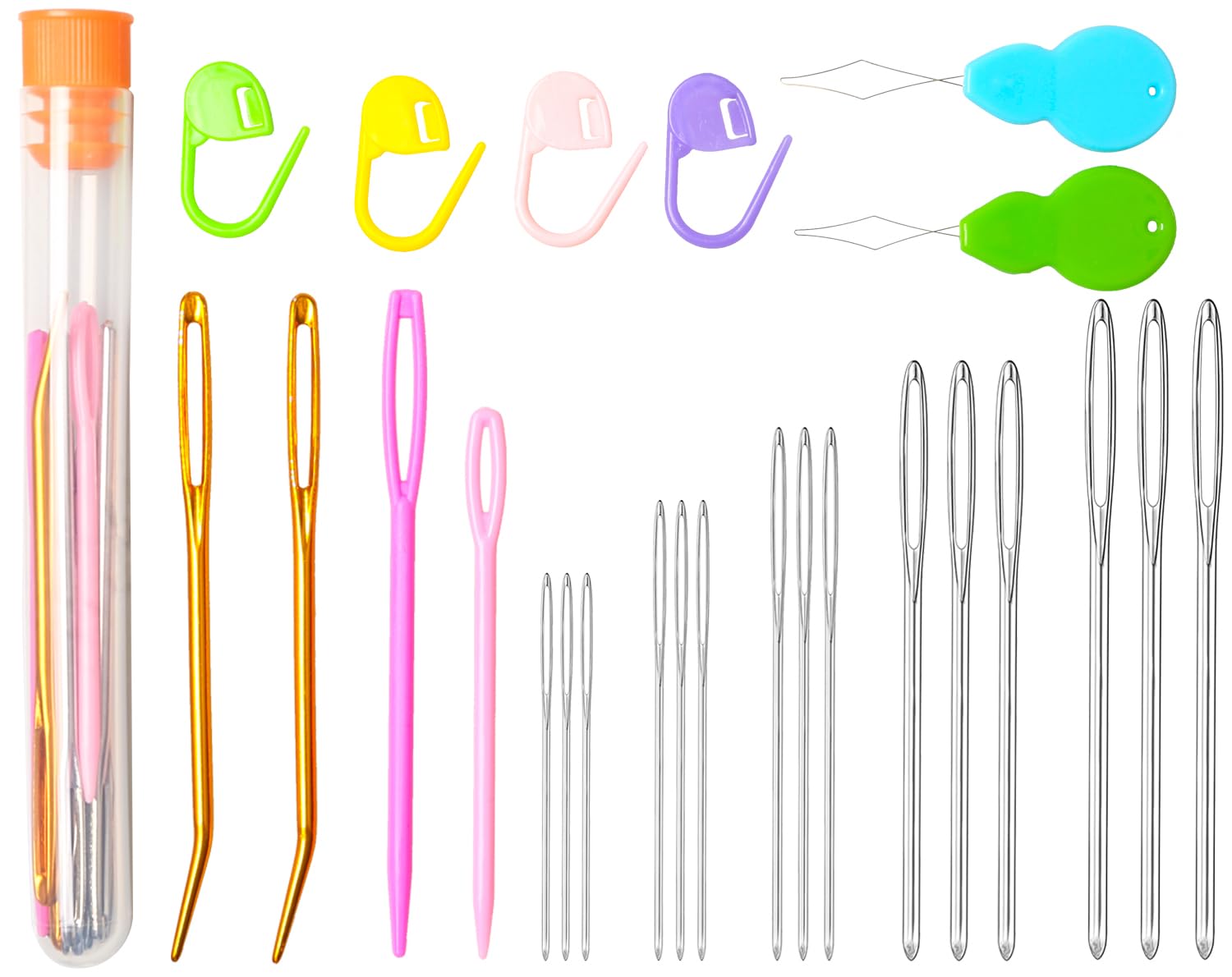 Hekisn 25Pcs Large Eye Blunt Yarn Needles kit, Assorted Sizes Bent Tapestry Darning Needle, Sewing Needles with Needle Threaders &amp; Stitch Markers for Knitting Crochet (Orange)