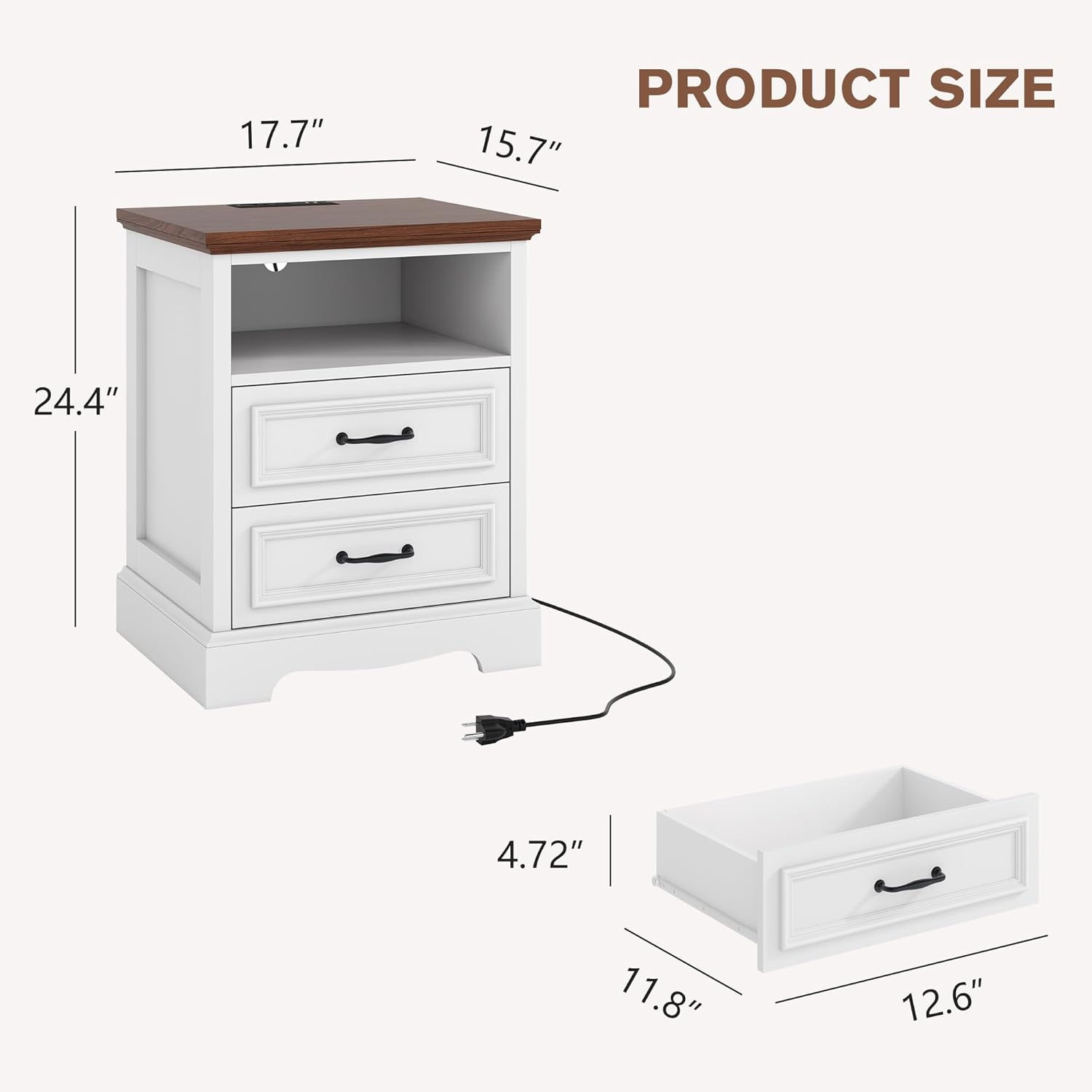 Alohappy Farmhouse Nightstand with 2 Drawers, Wood Night Stand with Charging Station Modern End Side Table for Bedroom(White+Brown, 1)