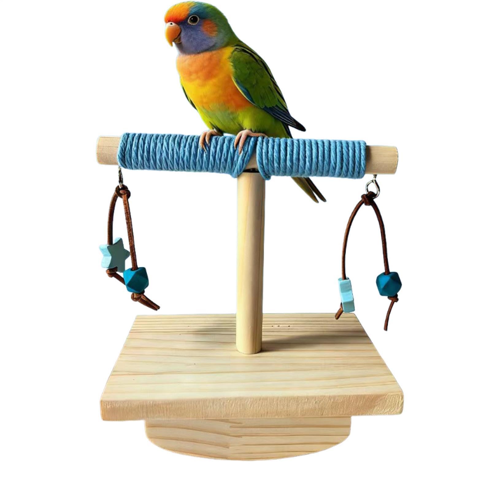Wooden Bird Perch Parakeet Training Stand Gym Desk T Bar Natural Solid Wood Interactive Cockatiel Enrichment Toy Stable Base Weighted
