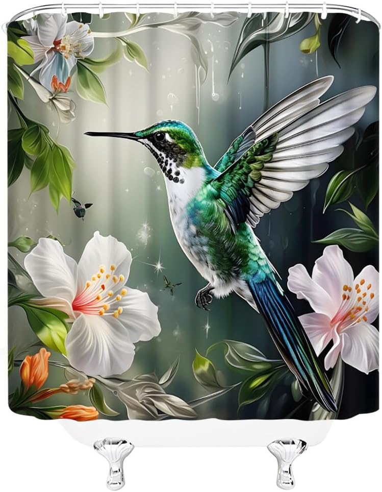 Hummingbird Flower Shower Curtain Watercolor Floral Green Leaves Bird Garden Nature Scenery Fabric Bathroom Decor Curtains with Hooks,82 x 70