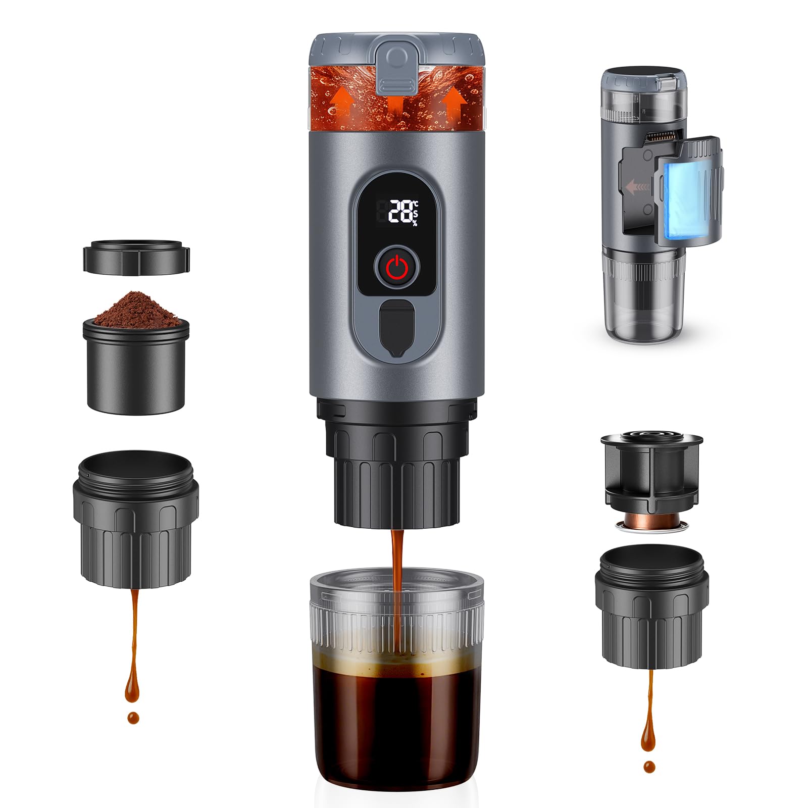 Macchina Caffe Portatile, Caffettiera Portatile 2-in-1 con batteria Staccabile 7650 mAh, 20 Bar, Autoriscaldante,USB-C, con Caffè Macinato e Capsule