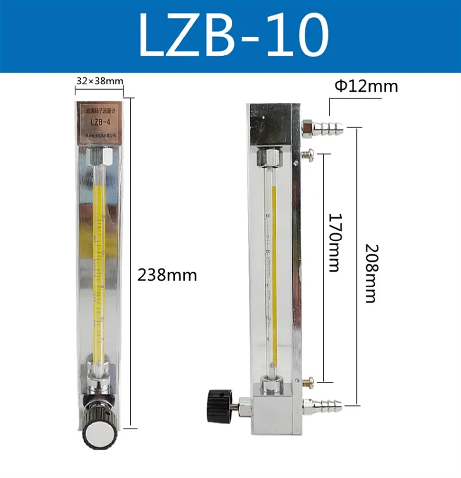 LZB -6F, medidor de Flujo rotámetro de Vidrio de Acero Inoxidable con válvula de Control for líquido y Gas. Conector, Puede Ajustar el Flujo.(100-1000 LPH for Gas)