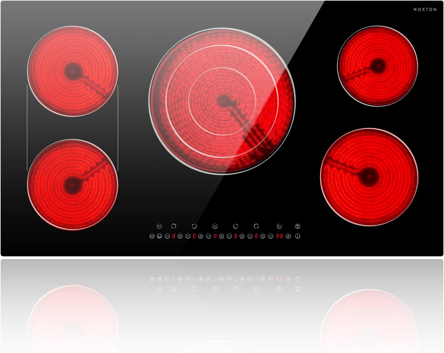 Noxton 36 Inch Electric Cooktop 5 Burners, 9600W Built-in Electric Stove Top, Flexible Bridge & Triple Elements, Pause, Timer, Child Safety Lock,Touch Control Ceramic Cooktop for 220-240V Hard Wire 36 inch 220V/5 burners/flexible bridge