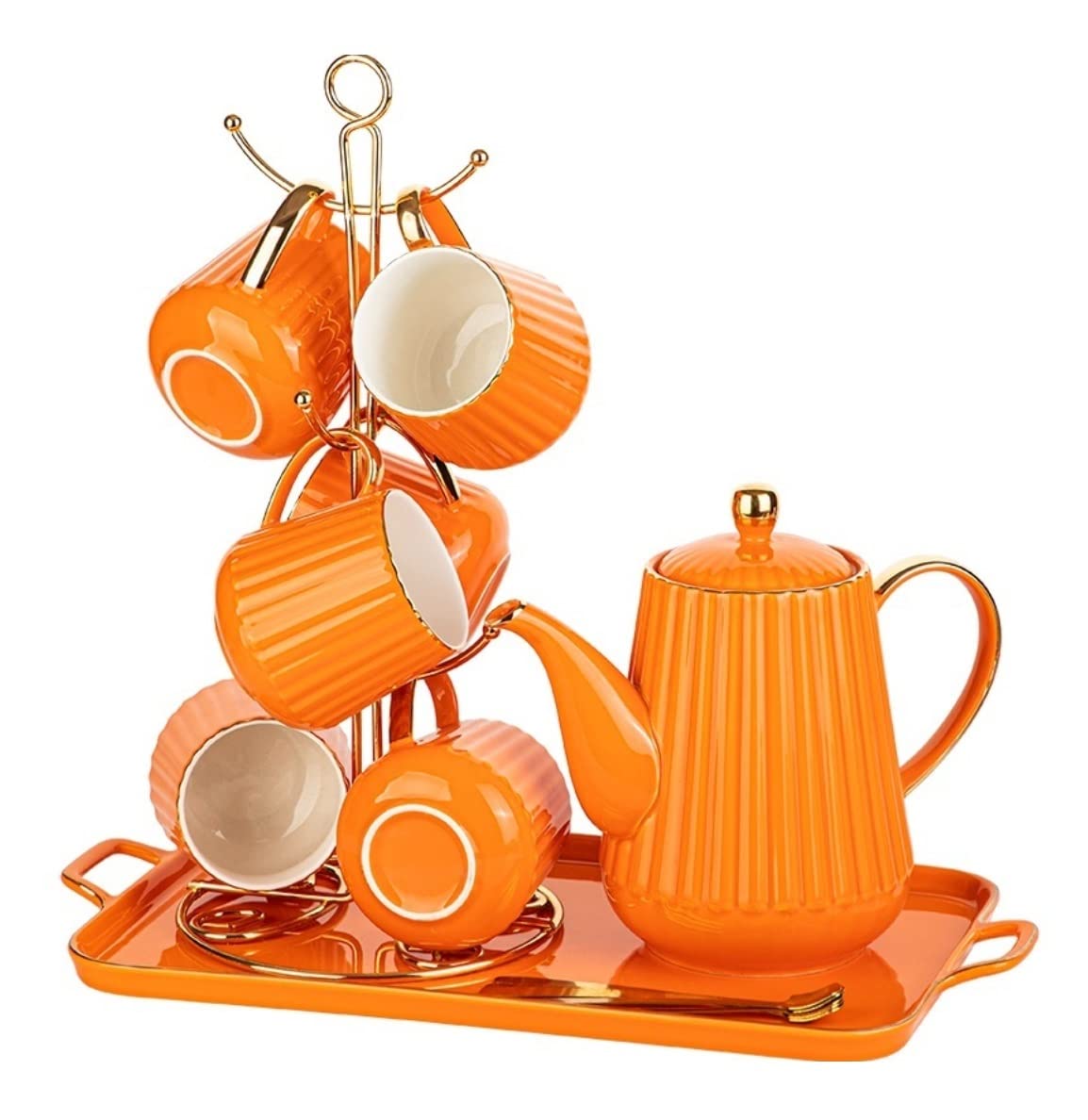 GTHTUHFD Tea Set Tea Cups Teapot Set 9 Piece Coffee Set Tea With Cup Holder And Tray Tea Set Afternoon Tea Piece Ceramic Tea Set Tea Coffee Tea Coffee Set Tea Cup Set Tea Pot Set,Orange-9pcs