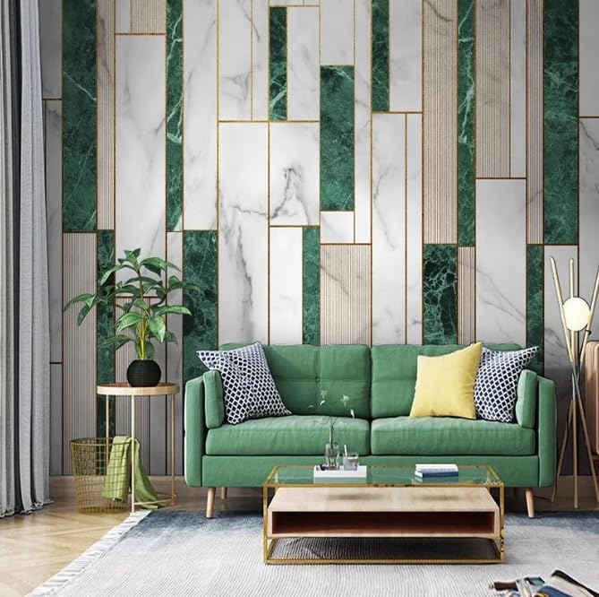 Papier peint géométrique vert en marbre 350x256cm pour décor de salon