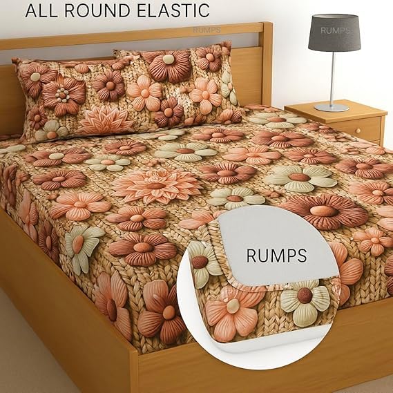 Image of RUMPS 380 TC Premium Heavy Cotton 7D Print Fast Colour Feel Elastic Fitted Floral Bedsheet King Size with 2 Pillow Covers || (Brown, Fitted Queen-60x78)