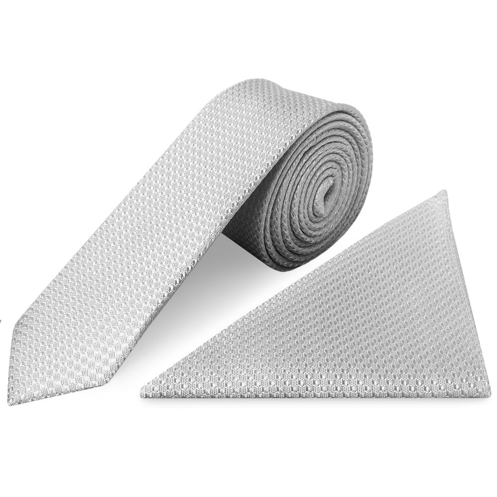 TIES R US Silver Textured Skinny Tie and Pocket Square Set