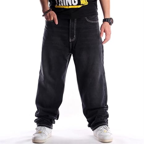 Amazon.com: Pantalones de mezclilla para hombre con diseño de rayas,  sueltos, hip hop, pantalones de mezclilla estampados hiphop, pantalones de  marea bordados con alas de flores (color: 024 negro, talla: 42 (cintura