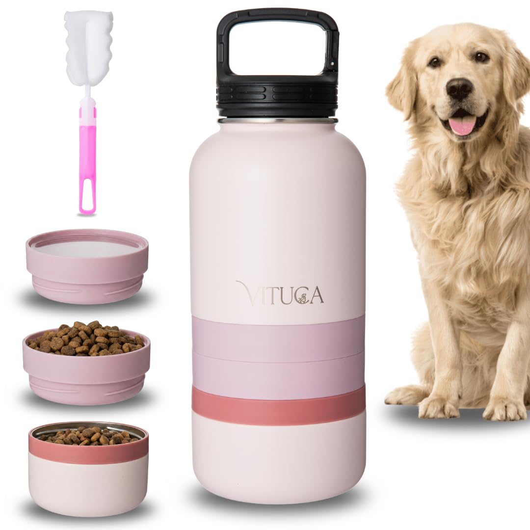Bebedero Perro Portátil 1L de Acero Inoxidable Aislado | Botella Agua Perro Ultra Resistente con Compartimentos para Comida y Premios | Sistema 3 en 1 para Paseo y Viaje