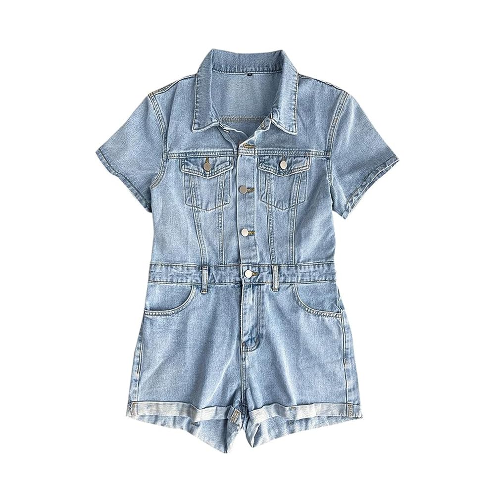 GuyAna Mono vaquero corto desgastado Vintage holgado a la moda para mujer, mono vaquero de manga corta con botones