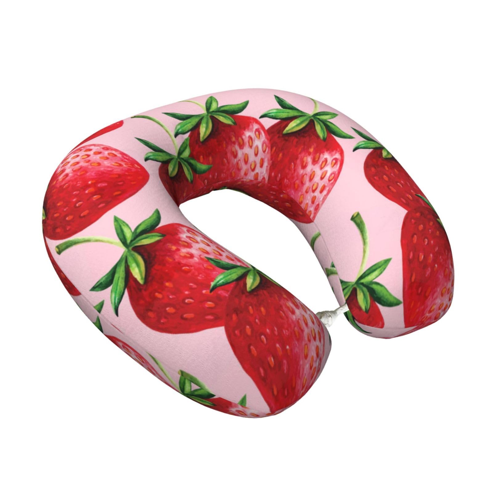 LKYMOH Strawberries With Pink Background, Travel Neck Pillow U-Shaped Memory Neck Support Soft Comfortable With Washable Cover For Airplane Car Traveling and Office