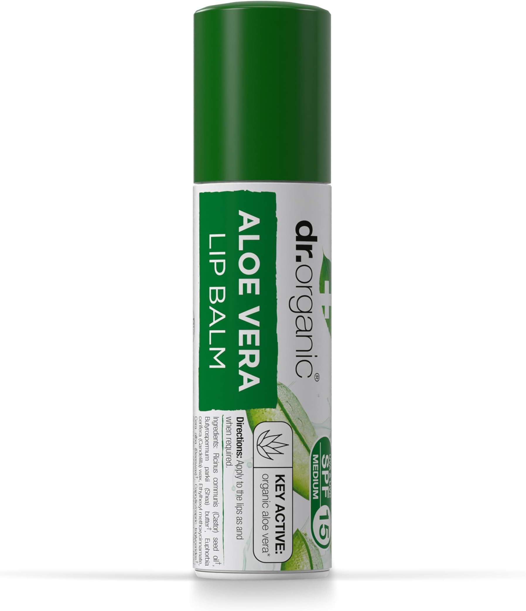 Dr Organic Aloe Vera Lip Balm, Moisturising, SPF 15, Mens, Womens, Natural, Vegetarian, Cruelty-Free, Paraben & SLS-Free, Recycled & Recyclable, Organic, 5.7ml, Packaging May Vary