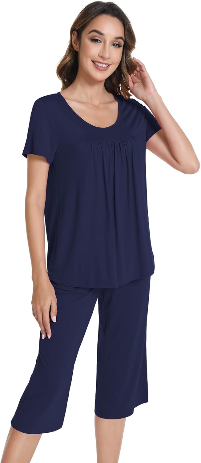WiWi Pajamas for Women Soft Cooling Short Sleeve Sleepwear with Capri Pants Viscose from Bamboo Pjs Sets S-XXL - Image 4