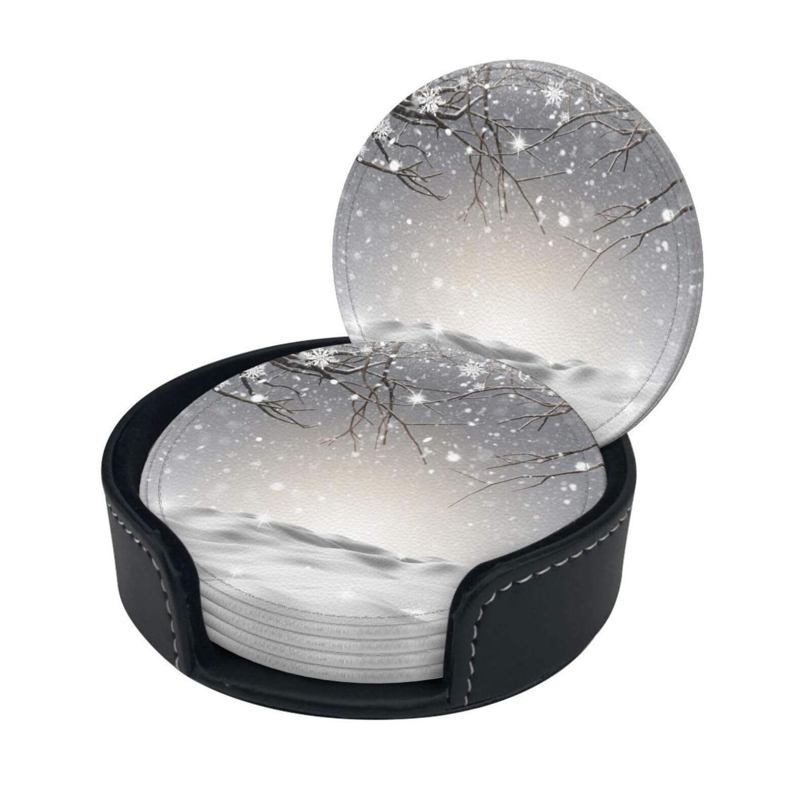 Snowflake Pine Tree Print Coasters For Drinks With Holder Set Of 6, Pu Leather Coasters Drink Coasters Cup Pad Mats