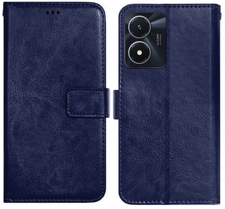 Image of Inside Rubber TPU with Card Pockets Magnetic Closure Protection Flip Back Cover Compatible with Vivo Y02s (Blue)