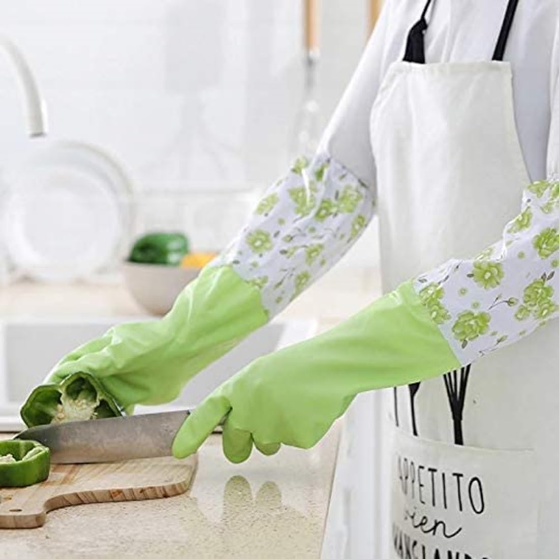 Reusable Waterproof Household Gloves | Long Sleeve Latex-Free Rubber Gloves for Kitchen Cleaning, Dishwashing, Laundry & Gardening | Durable Protective Gloves Pack of 3 (Green, Pink, Blue)