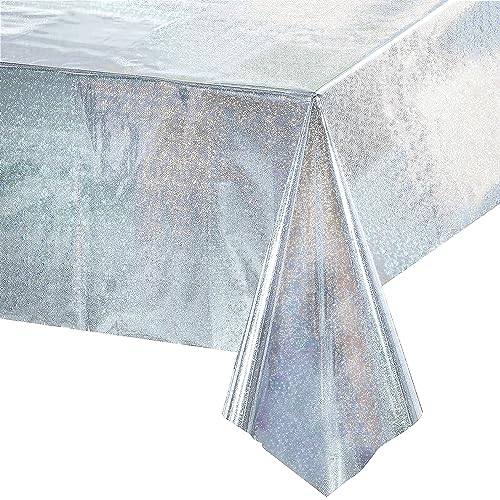 Party Tischdecke Silber Glitzer - Wasserabweisend Einweg Rechteck Tischdeck Deko für Disco Eurovision Song Silberhochzeit Abi New Year Silvester Mamma Party Geburtstag Dekorationen