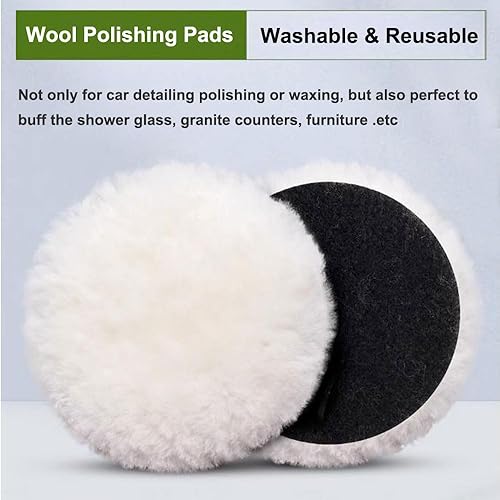 Miniatura 2 de 8 almohadillas de pulido de lana de 3 pulgadas, rueda de pulido con gancho trasero para fijación de búfer de taladro, con adaptador de taladro M10,