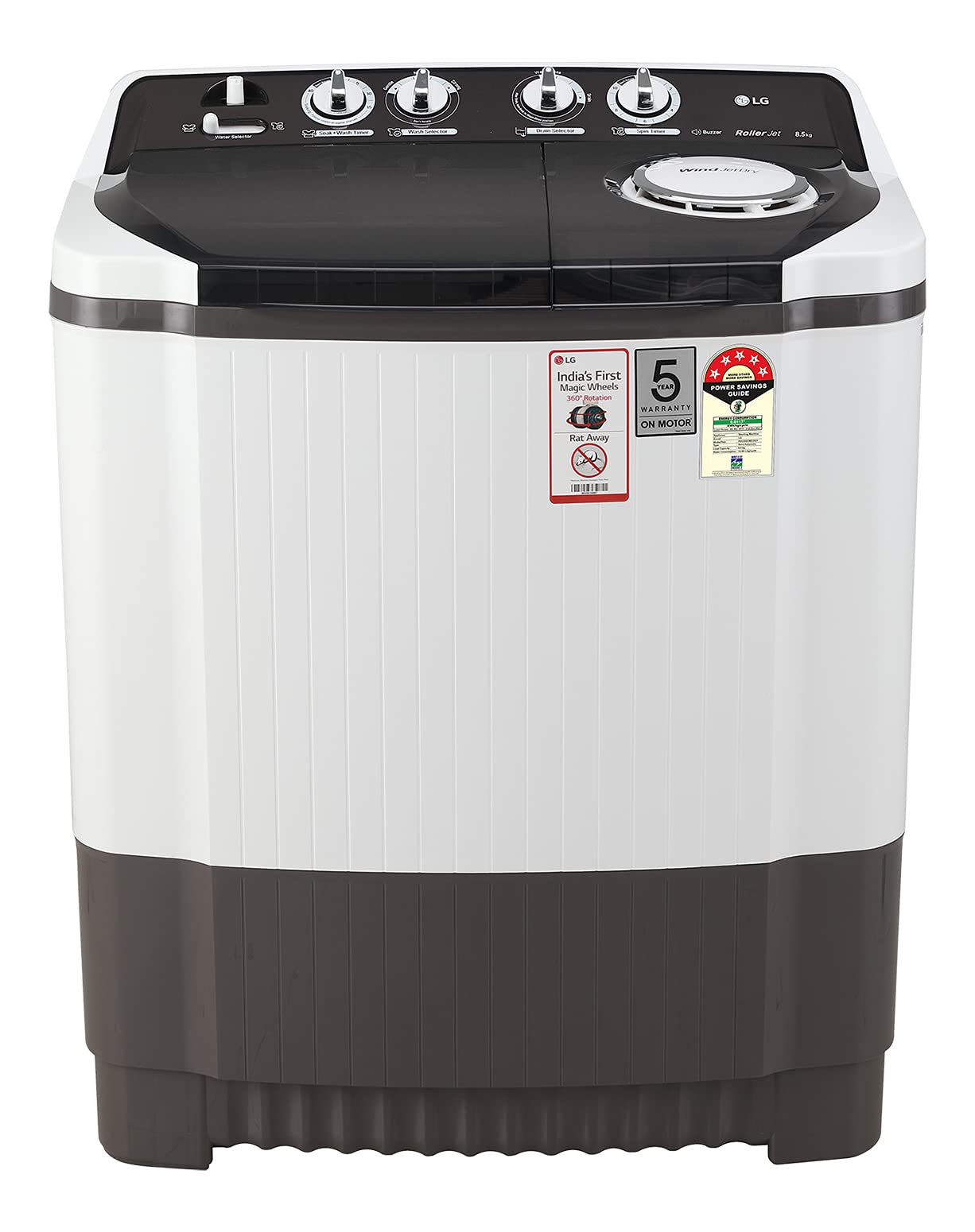 LG 8.5 Kg 5 Star Semi-Automatic Top Loading Washing Machine (P8535SGMZ, Dark Gray, Roller Jet Pulsator), Large
