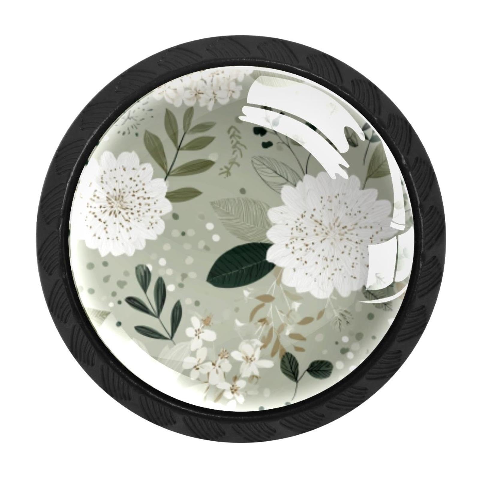CHENZZZZ 4 Pack Sage Green Flowers Leaves (3) Dresser Drawer Cabinet Knobs Black Round Drawer Knob Pull Handle with Screws for Kitchen Wardrobe Cupboard Furniture Decor