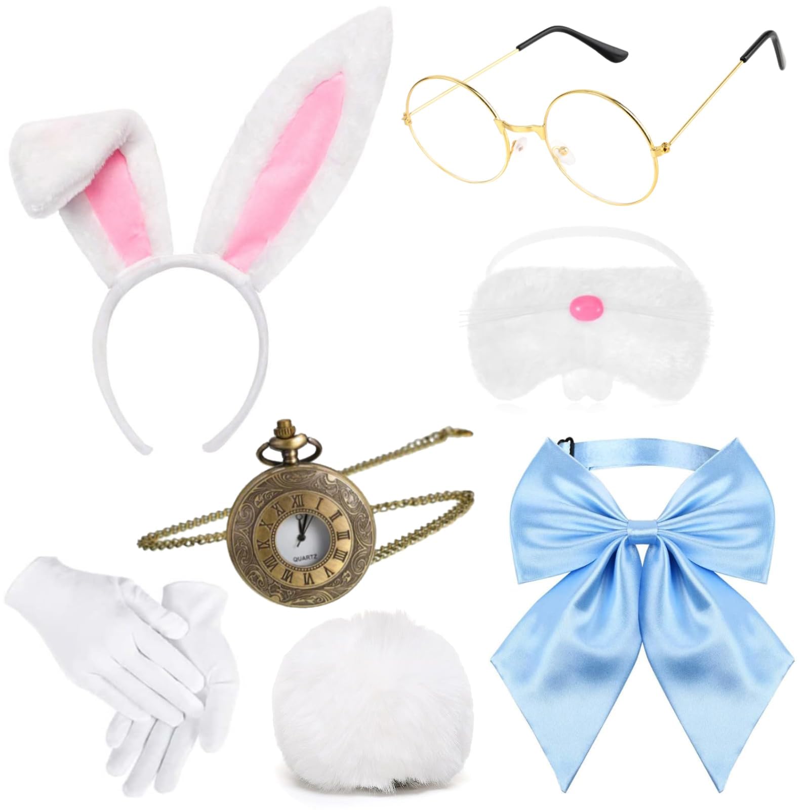 Kavoc 7 Pcs Halloween White Rabbit Costume Include White Bunny Headband Bunny Nose Tail Gloves Pocket Watch Glasses and Bowtie for Men Women Dress Up