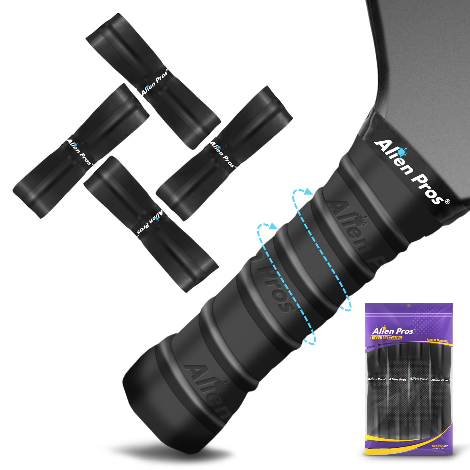Photo 1 of ALIEN PROS Pickleball Overgrip (4-Pack) with Ridges for Better Grip Control - Precut, Dry Feel, Non-Slip Pickleball Grip Tape for High Performance (Ridged Dry, Black)