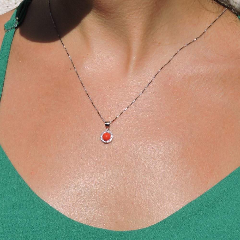 Collana in Argento 925 con Ciondolo Tondo con Corallo Rosso e Zirconia Bianca