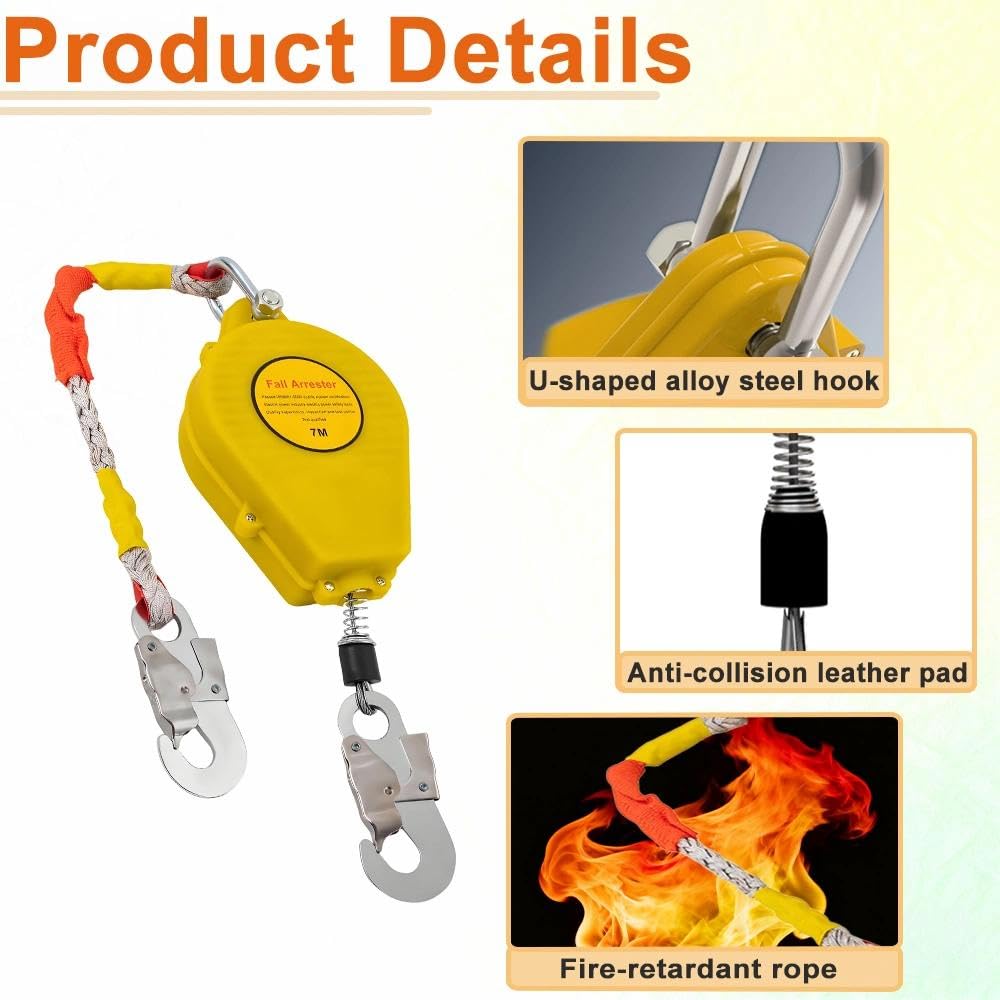 Antichute a Rappel Automatique, 3-20m Dispositif Anti Chute a Rappel Automatique, Harnais de Securite Anti Chute Professionnel pour Toiture, D'échafaudage et Travaux en Hauteur,150kg(Jaune,15M)