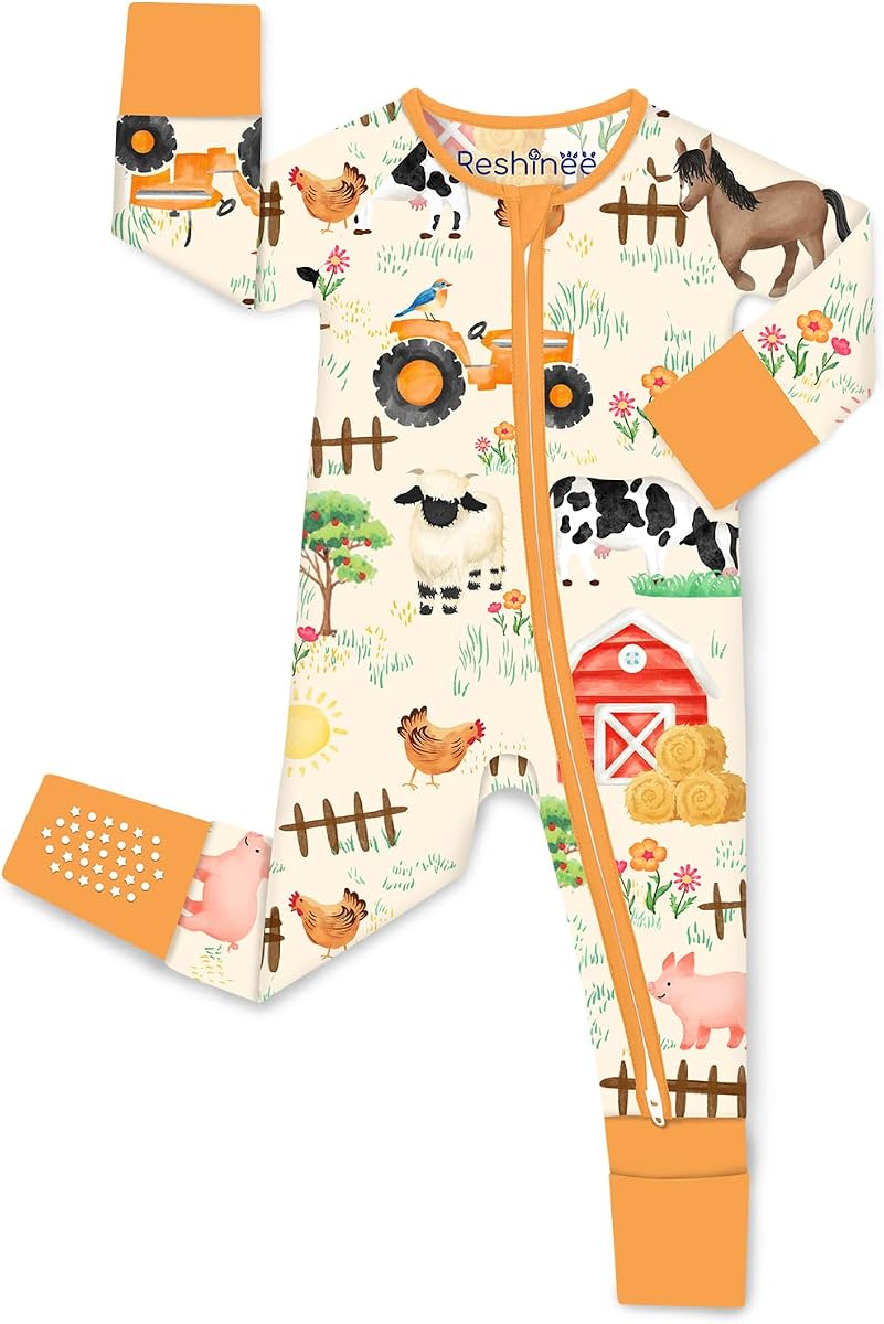 babee Reshinee Bamboo Viscose Baby Footie Pajama, Zipper Sleeper Boys Girls | Sleep & Play Romper with 2-Way Zipper, Fold-Over Mittens & Foot Cuffs with Grips, Tagless, Convertible, All-Season, 0-24M