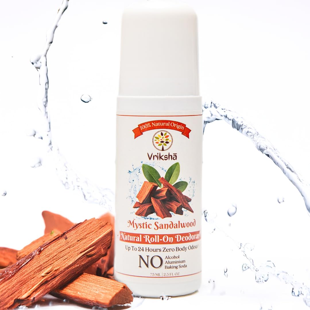 Vrikshā 100% Natural Roll On Deodorant | 24 Hour Body Odour Protection | Sandalwood & Frankincense Essential Oils | ZERO Alcohol | For Women & Men
