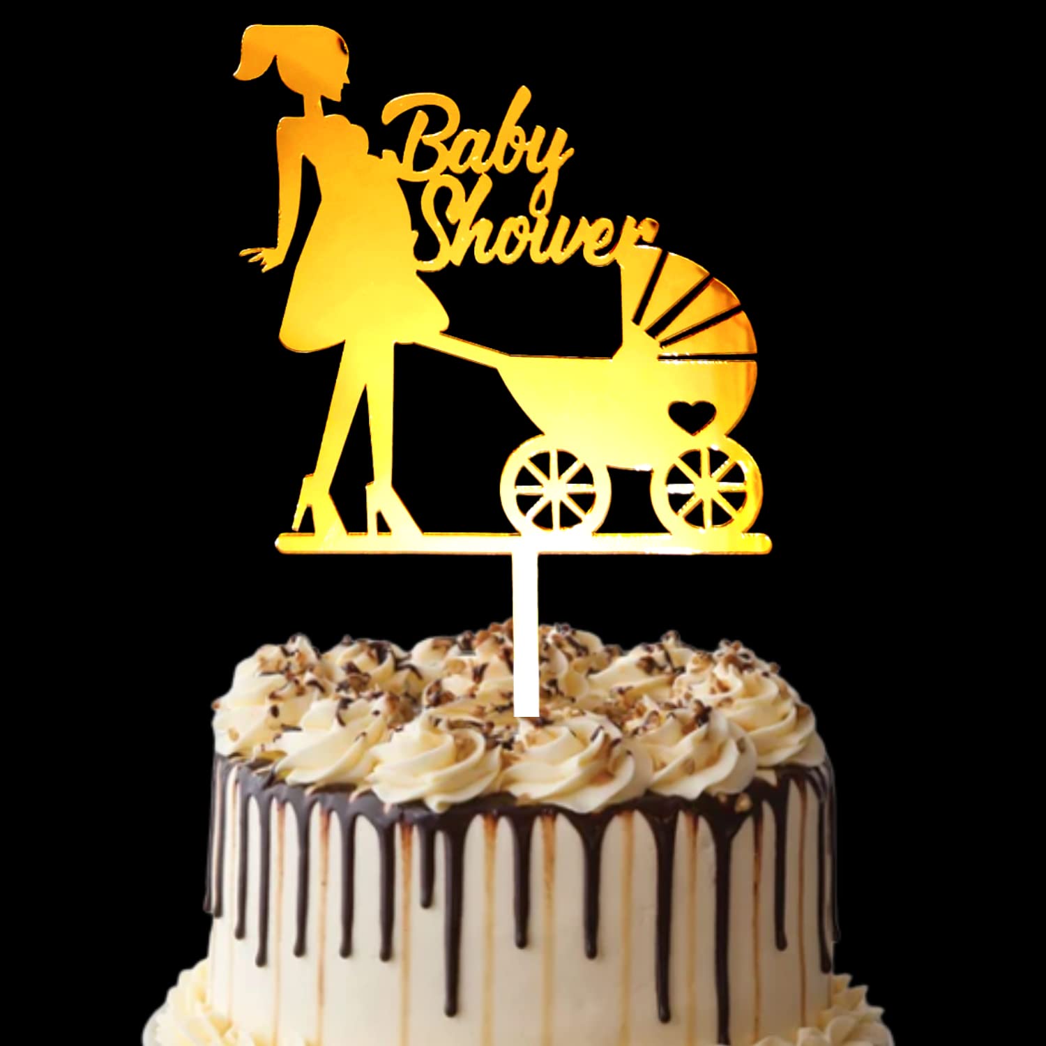 Party Decorz Baby Shower Cake Topper| Baby Shower Mom With Pram Cake Topper| 5 Inch,1pcs Golden Acrylic Baby Shower Cake Topper/Cupcake Topper