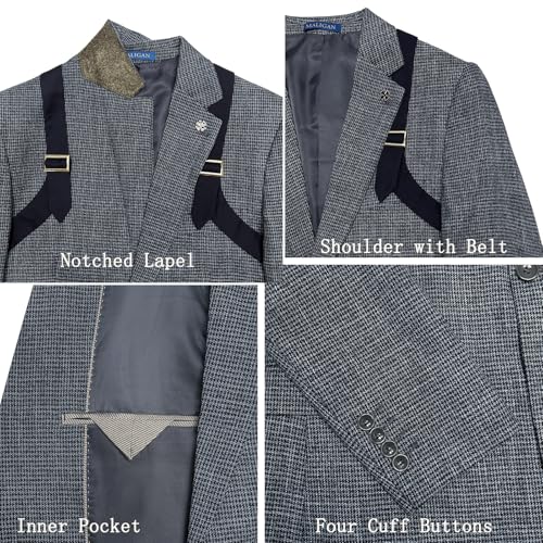 2 Pcs Men's Check Suit Houndstooth Tuxedo Slim Sports Blazer Dogstooth Jacket Pants Set for Party,Prom,Business2