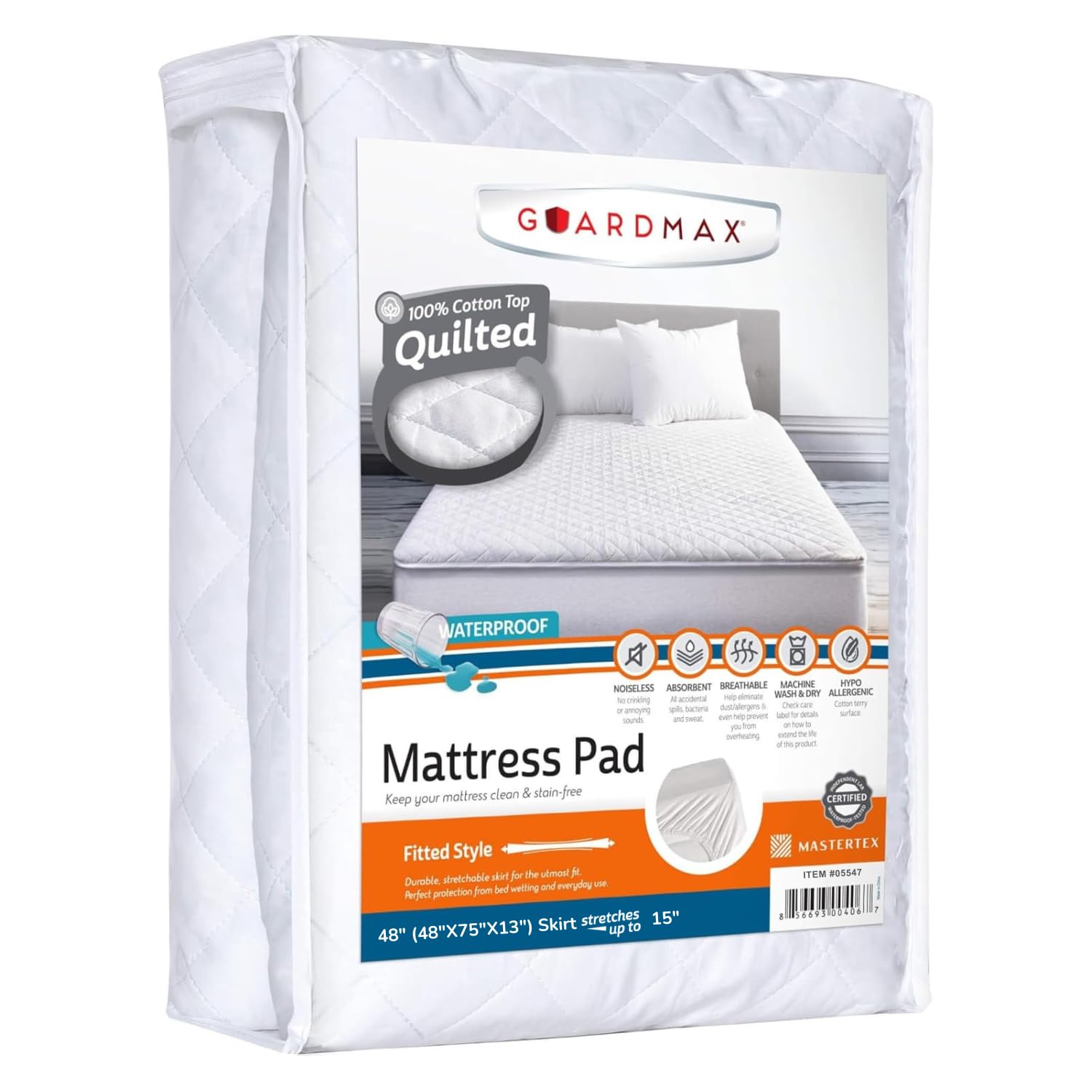 Guardmax Waterproof Quilted Fitted Mattress Pad | Hypoallergenic Cover | Breathable, Noiseless Barrier | 48" (48 x 75 x 13)