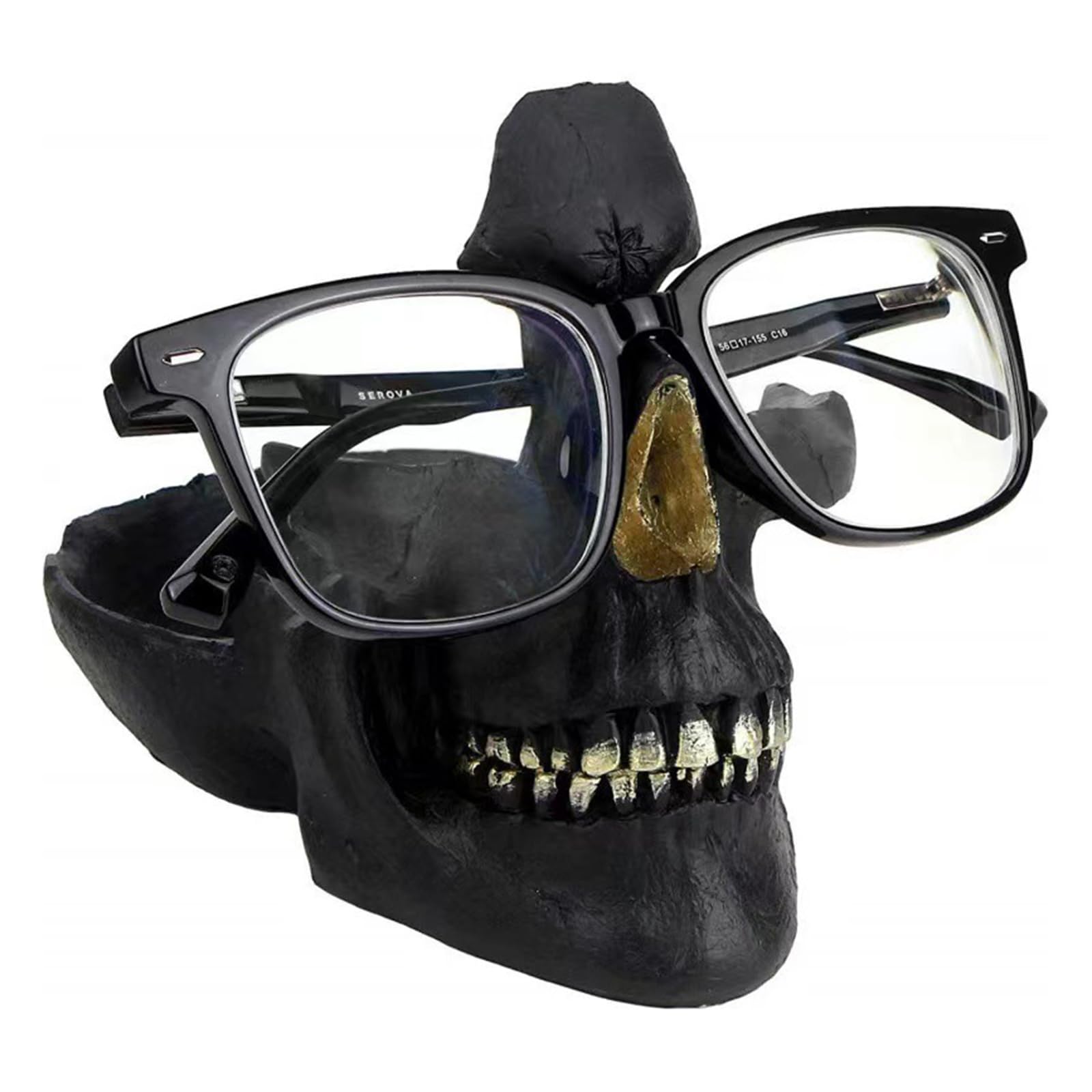 Asiad Men's Black Skull Glasses Holder Stand, Novelty Eyeglass Holder Rack With Storage Tray For Nightstand, Resin Skull Head Statue Sculpture Home Office Desk Decor,