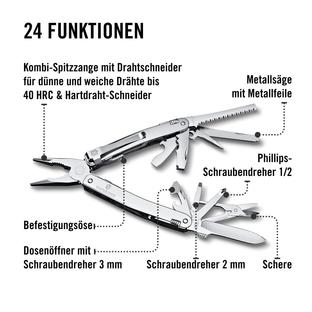 Victorinox Schweizer Taschenmesser Swiss Tool Spirit MX Clip, 24 Funktionen, Multitool Inkl. Zange, Schraubendreher, Dosenöffner, Silber