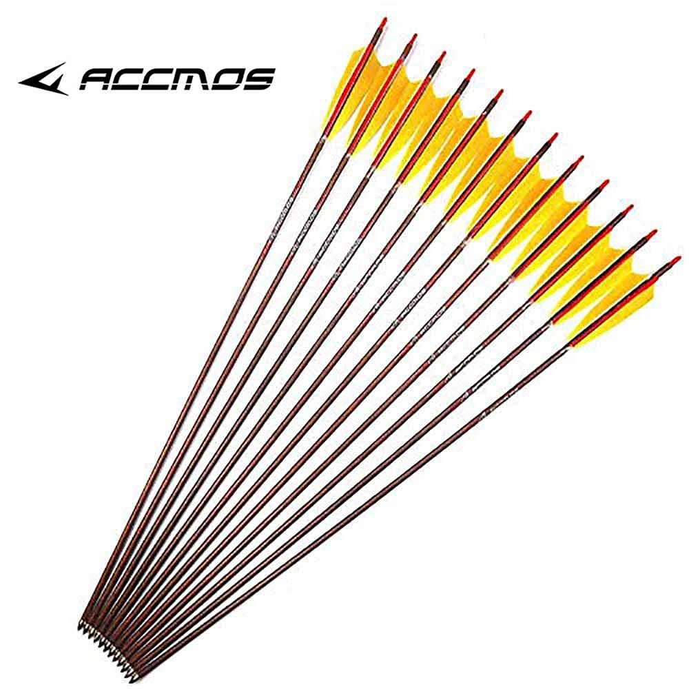 ACCMOS Spine 400 500 600 700 Freccia in Carbonio, 32 "Legno Color Carbonio Shaft 5 "Piuma di Tacchino Colorata ID 6,2 mm Freccia da Caccia, per Arco Ricurvo Arco Composto Tiro con L'Arco