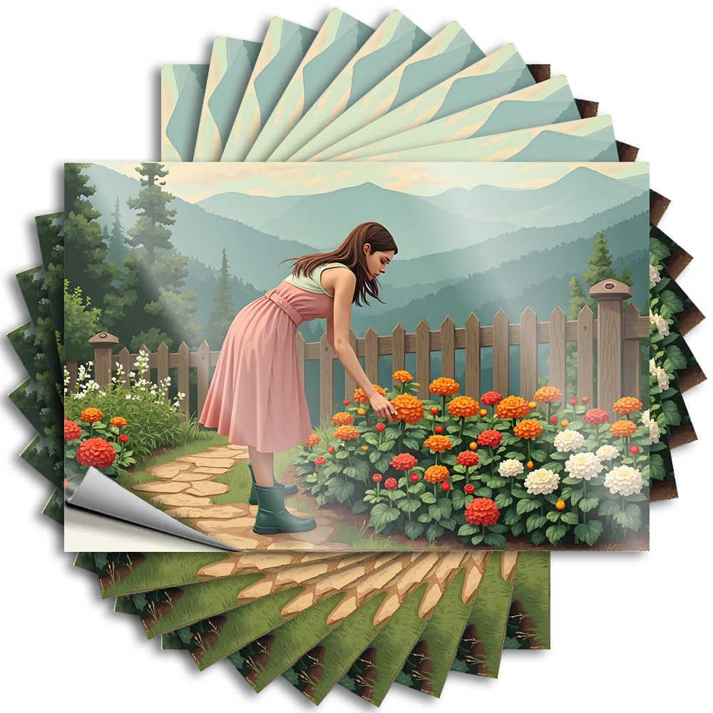 A Woman Tending to Her Garden Amidst A Serene Mountain Landscape Bumper Camping Decorations | Great Water Removable Decal Pack(8X12CM)