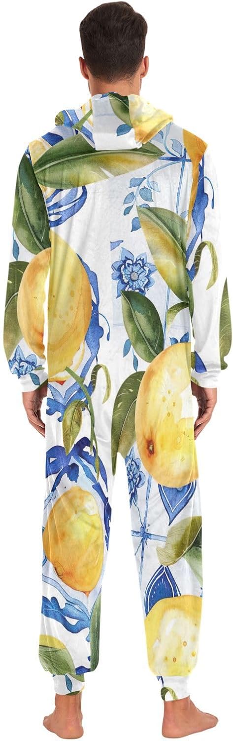 GAIREG Vintage Lemon Blue Zipper Onesie, Soft Loungewear with Hood for Winter