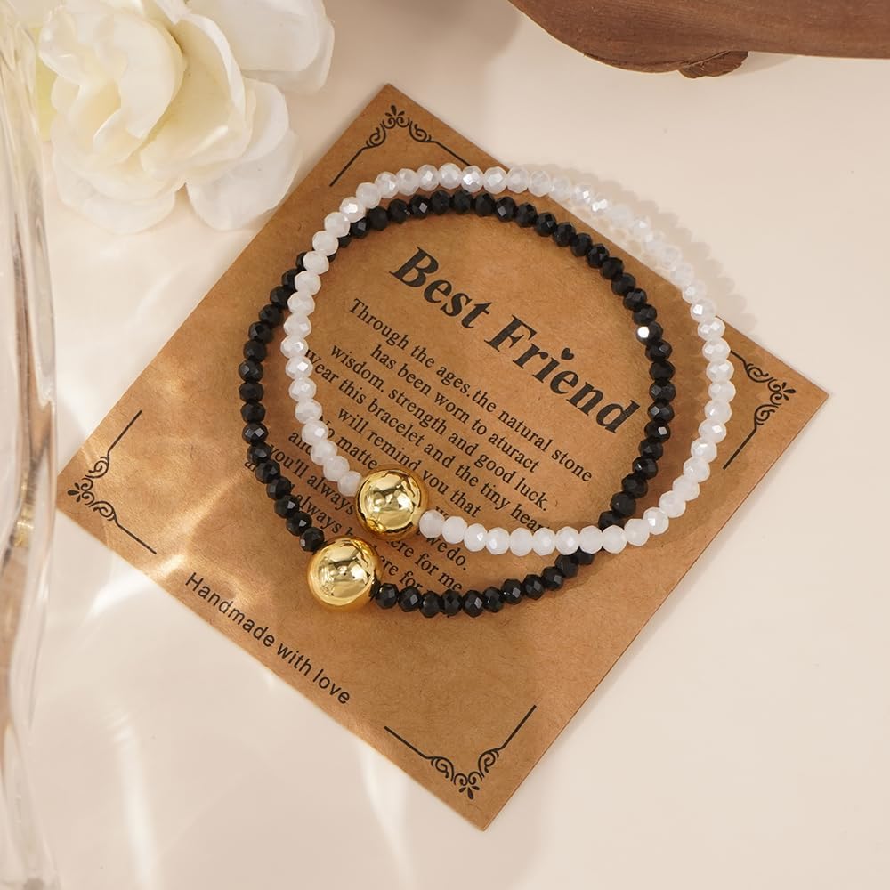 2PCS/set White Black Crystal Beaded Elastic Bracelet for women,Dainty Gold Plated Bracelets Charm Beads Handmade Fashion Jewelry Gifts - Image 3