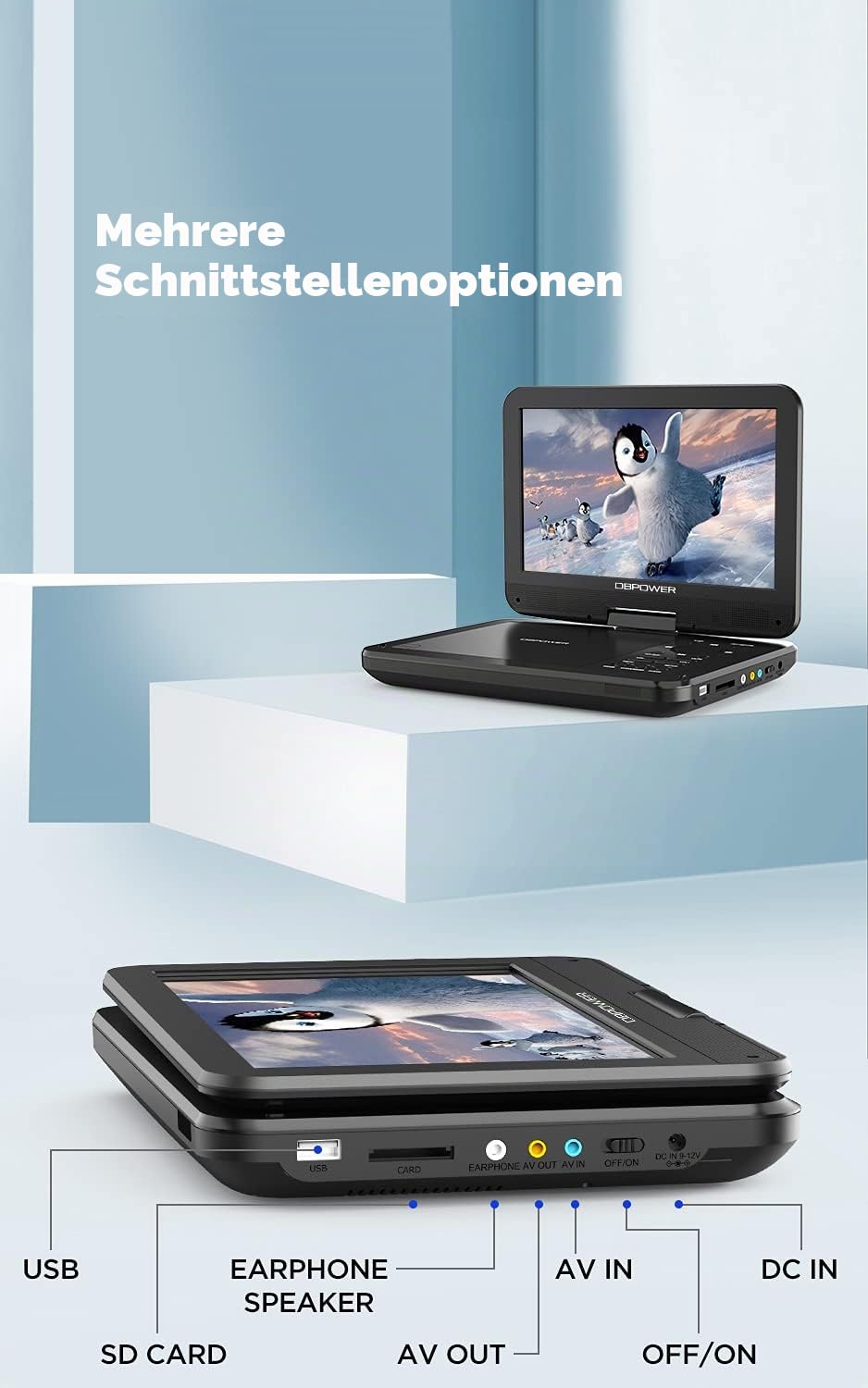 DBPOWER® Tragbarer DVD-Player, 10,5 Zoll, 3 Stunden Wiederaufladbare Batterie, Swivel Screen, SD-Karte und USB, Direct Play in Formats MP4/AVI/RMVB/MP3/JPEG (10,5, Black).