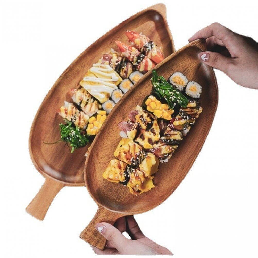 Lot de 2 plateaux de service en bois en forme de feuille – Idéal pour les aliments, les biscuits, le pain, les fruits, les sushis, les desserts – Idéal pour le dîner et le petit déjeuner