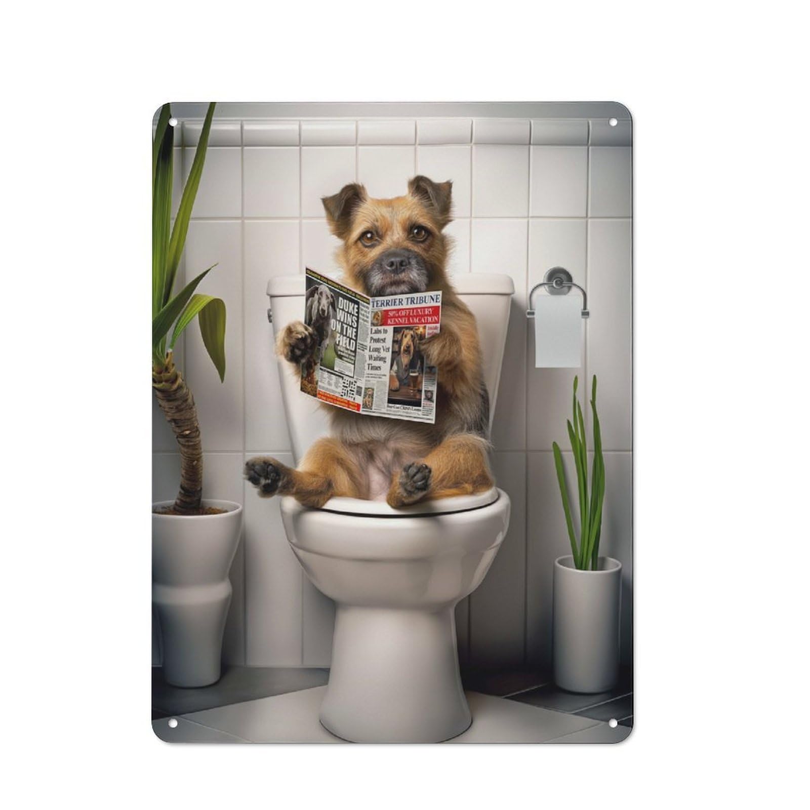 Junmoney Border Terrier On Toilet Printed Metal Sign 40X30cm For Kitchen Or Home Bar, For Kitchen Decor Lovers, For Retro Home Interiors