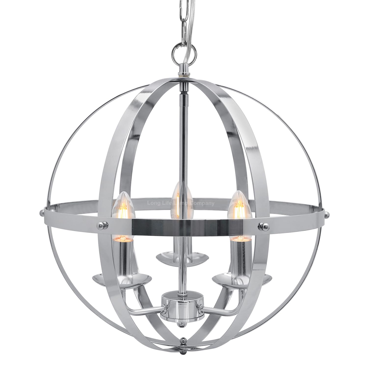 Long Life Lamp Company Chrome Industrial 3 Light Globe Pendant Light Chained Lantern Ceiling Chandelier Hanging Light Fixture H3090