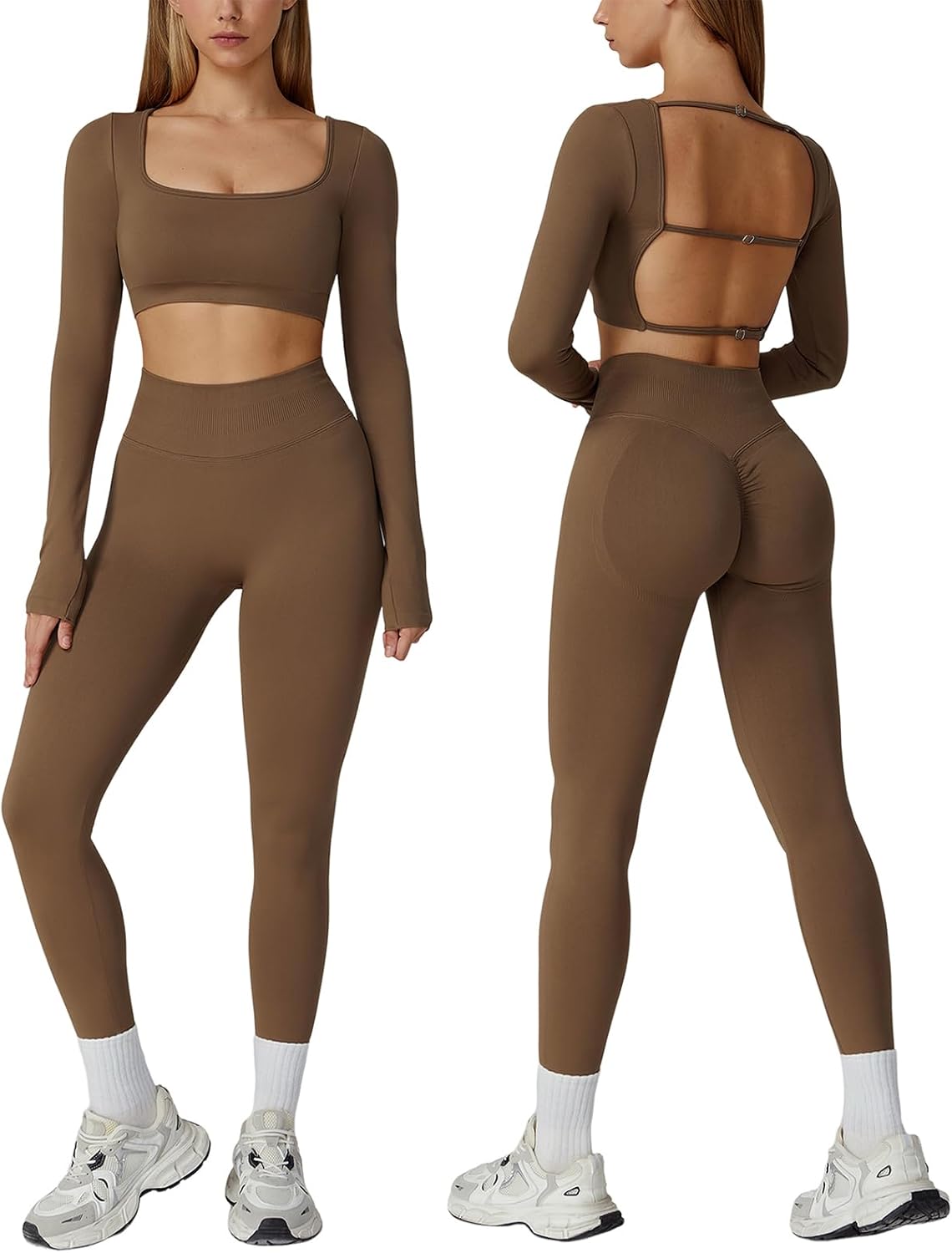 Women's Gym Sets Long Sleeve Open Back Crop Top High Waist Leggings Workout Tracksuit Sets Yoga 2 Piece Outfits