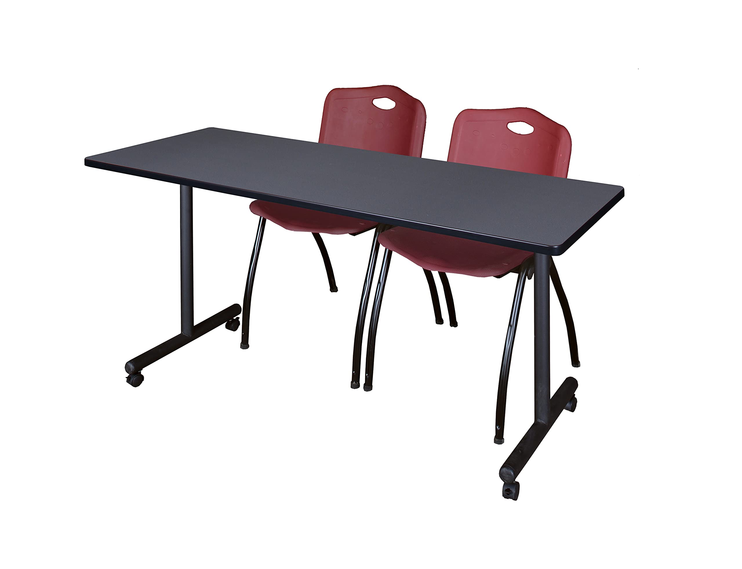 Romig Axis-Pro 66 x 24 in. Mobile T-Base Training Table- Grey, 2 M Stack Chairs- Burgundy